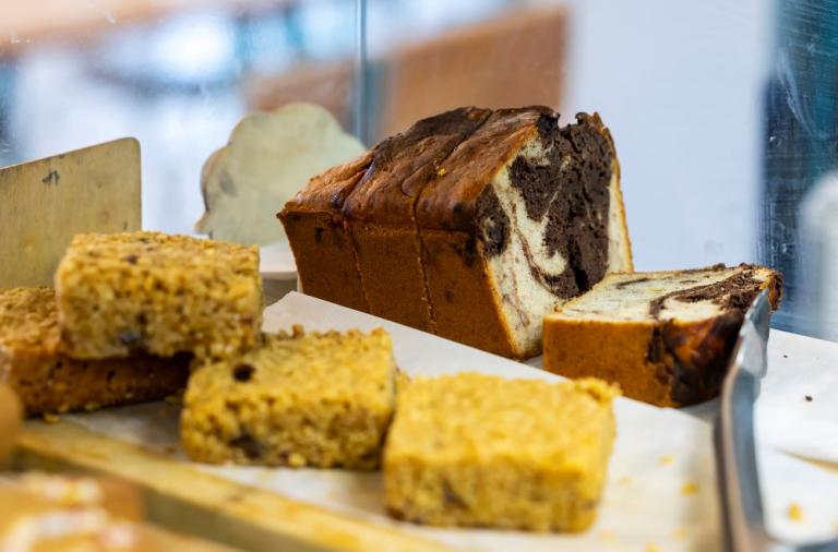 Close up of flapjacks and marble cake