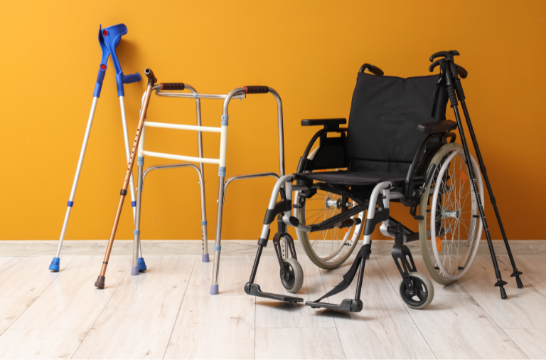 Walking stick, wheelchair and walker