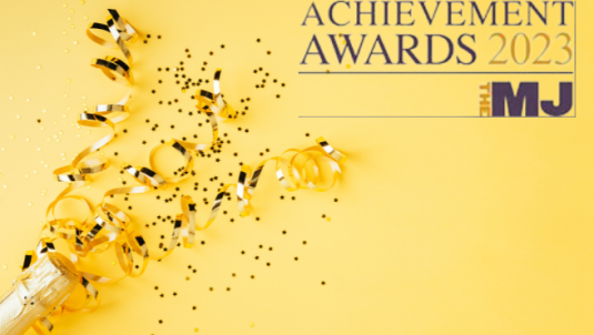 A champagne bottle top with streamers and glitter coming from it. Text reads: Achievement Awards 2023, The Municipal Journal
