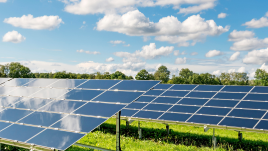 Solar panels in a field on a sunny day