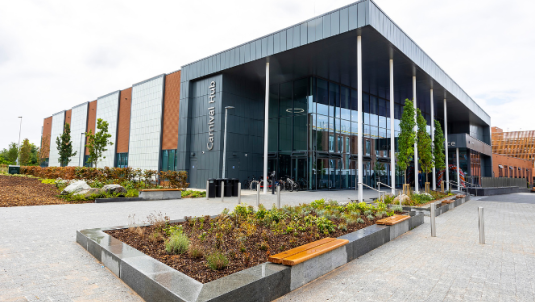 The entrance and gardens outside the front of the Carnival Hub in Wokingham