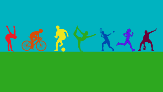 colourful silhouettes of people enjoying swimming, cycling, football, yoga, tennis, running and weight lifting on a bright blue background and green grass 