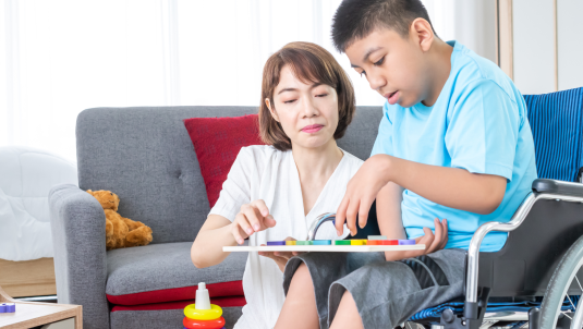 A boy sits in a wheelchair with an adult beside him holding an insert jigsaw