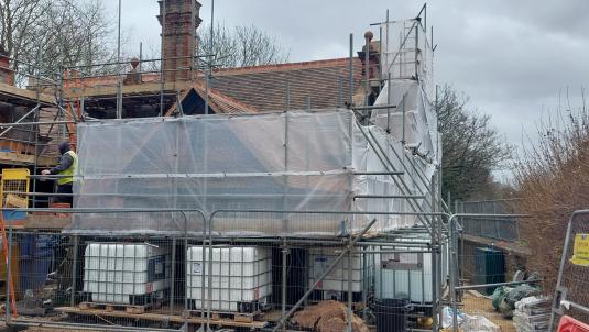 Specialist scaffolding around the new Twyford Library building