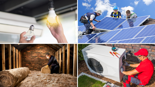 Compilation of home energy improvements including low energy light bulbs, solar panels, insulation and air source heat pumps  