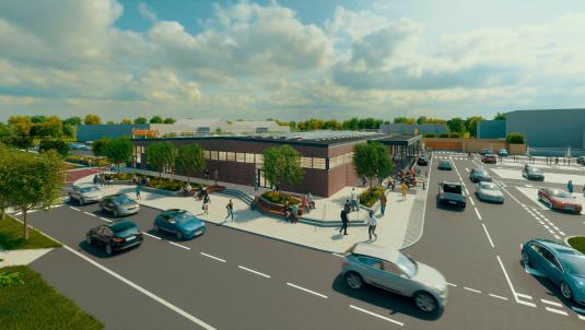 Aerial computer generated view of a Sainsbury's supermarket with car park and trees surrounding it