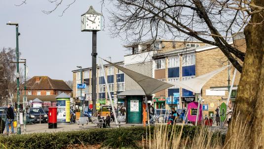 Woodley precinct on a busy sunny day with its clock tower and canopy in background, with trees and long grass in foreground