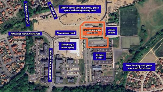 Location plan showing where the new centre is based, between Sainsbury's and the leisure centre and off Nine Mile Ride Extension