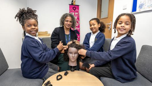 Bearwood Primary School pupils taking part in an Afro hair workshop