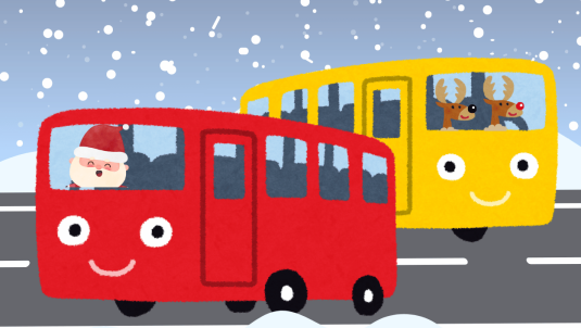 Cartoon of two cute buses with faces, one red and driven by Santa, and one yellow driven by reindeer, on a snowy road