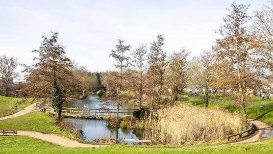 View over the pond at Woodford park in Woodley