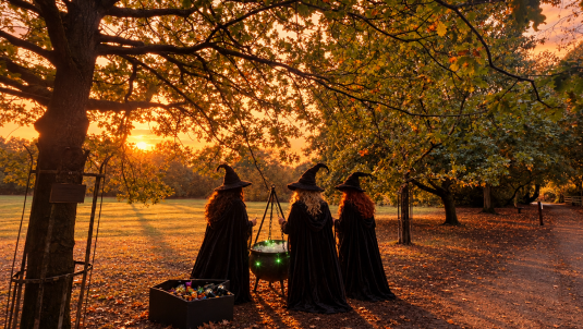 Three witches looking at Dinton Pastures countryside
