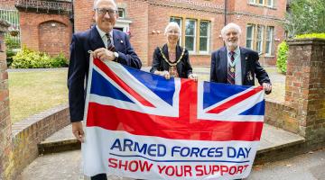 Armed Forces Day 2025 flag raising ceremony. [L-r] Cllr Adrian Betteridge, Wokingham Borough Mayor, Cllr Carol Jewell, and Honorary Alderman Angus Ross