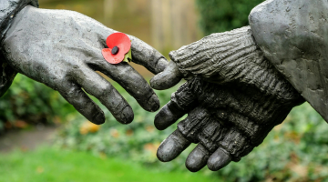 the hands of two statues almost touching, with a poppy on one
