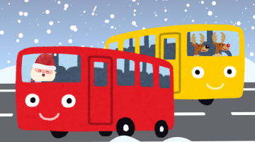 Cartoon of two cute buses with faces, one red and driven by Santa, and one yellow driven by reindeer, on a snowy road