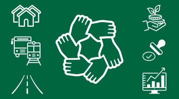 graphic for regional devolution with a ring of shaking hands, houses, buses, trains, roads and symbols of investment