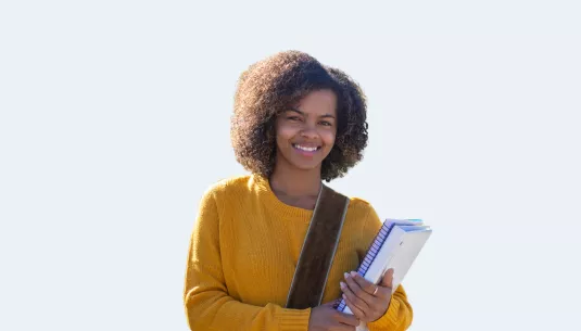 A teenage girl smiling with a bag and folder