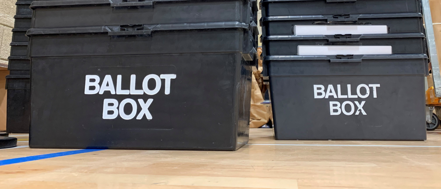 A stack of ballot boxes on the floor
