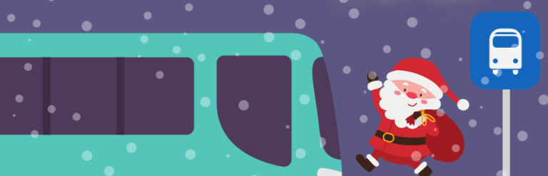A cartoon Santa catching a bus on a snowy night