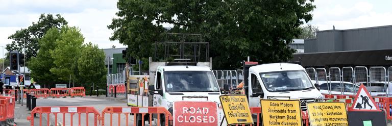 A photograph of a closed road and roadworks